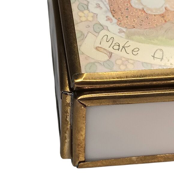 VTG Brass & Pink Slag Glass Trinket Box Cute Girl & Duck Make A Joyful Noise - Picture 12 of 16